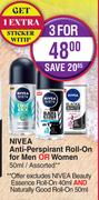 Nivea Anti Perspirant Roll On For Men Or Women Assorted-For 3 x 50ml