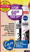 Nivea Anti Perspirant Deodorant Body Spray For Men Or Women Assorted-For 2 x 200ml