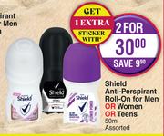 Shield Anti Perspirant Roll On For Men Or Women Or Teens Assorted-For 2 x 50ml
