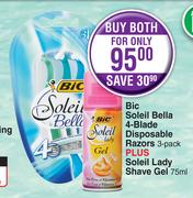 Bic Soleil Bella 4 Blade Disposable Razors 4 Pack Plus Soleil Lady Shave Gel 75ml-For Both