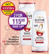 L'Oreal Elvive Shampoo Or Conditioner Assorted-For 2 x 400ml