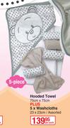 Hooded Towel 75cm x 75cm + 5 x Washcloths 23 x 23cm Assorted-Per Pack