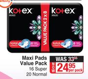 Kotex Maxi Pads Value Pack 16 Super, 20 Normal-Per Pack