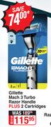 Gillette Mach 3 Turbo Razor Handle Plus 2 Cartridges