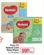 Huggies Pure Or Natural Care Baby Wipes 3 x 56 Wipes-Per Pack