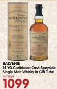 Balvenie 14 YO Caribbean Cask Speyside Single Malt Whisky In Gift Tube-750ml