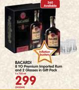 Bacardi 8 YO Premium Imported Rum And 2 Glasses In Gift Pack-1x750ml