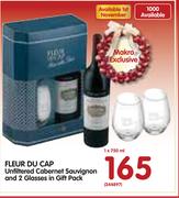 Fleur DU Cap Unfiltered Cabernet Sauvignon and 2 Glasses In Gift Pack-1x750ml