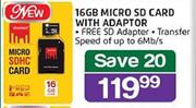 16GB Micro SD Card With Adaptor