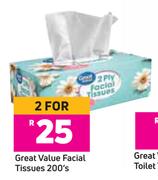 Great Value Facial Tissues-For 2 x 200's