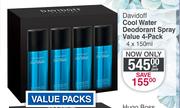 Davidoff Cool Water Deodorant Spray Value Pack-4 x 150ml Per Pack