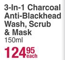 Garnier 3-In-1 Charcoal Anti Blackhead Wash, Scrub & Mask-150ml Each