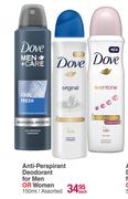 Dove Anti-Perspirant Deodorant For Men Or Women Assorted-150ml Each