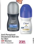 Dove Anti-Perspirant Deodorant Roll-On For Men Or Women Assorted-50ml Each