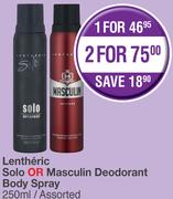Lentheric Solo Or Masulin Deodorant Body Spray Assorted-For 2 x 250ml 