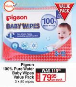 Pigeon 100% Pure Water Baby Wipes Value Pack-3 x 80 Wipes Per Pack