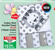 Cotton Rich Hooded Towel Plus 5 Wash Cloths 6 Piece Assorted-Per Pack