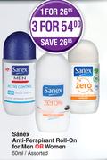 Sanex Anti Perspirant Roll On For Men Or Women Assorted-50ml