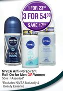 Nivea Anti Perspirant Roll On For Men Or Women Assorted-50ml