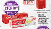 Colgate Max White Lasting White Or Total 12 Toothpaste Assorted-For 2 x 75ml