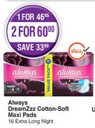 Always Dreamzzz Cotton Soft Maxi Pads 16 Extra Long Night-For 2