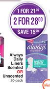 Always Daily Liners Scented Or Unscented 20 Pack-For 1