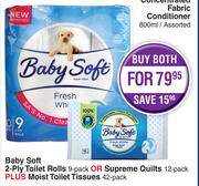 Baby Soft 2 Ply Toilet Rolls 9 Pack Or Supreme Quilts 12 Pack Plus Moist Toilet Tissues 42 Pack-Both
