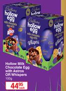 Cadbury Hollow Milk Chocolate Egg With Astros Or Whispers-100g Each