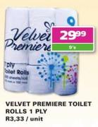 Velvet Premiere Toilet Rolls 1 Ply-9's Pack