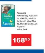 Pampers Active Baby Maxi 50,Midi 58,Junior 42,Maxi Plus 45,Mini 68 & XL 36 Nappies Value Pack-Per Pk