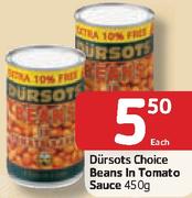 Dursots Choice Beans In Tomato Sauce-450G Each