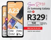 2 x Samsung Galaxy A23 4G Smartphone-On 1GB Red Core More Data Top UP & Red Flexi 70 PMx36