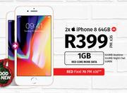 2 x Apple iPhone 8 64GB 4G-On 1GB Red Core More Data + On Red Flexi 70