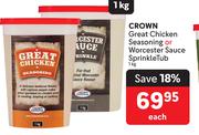 Crown Great Chicken Seasoning Or Worcester Sauce Sprinkle Tub-1kg Each