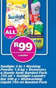 Sunlight 2-In-1 Washing Powder 1.8Kg + Domestos & Handy Andy Banded Pack 750ml Combo-For All