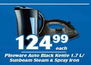 Pineware Auto Black Kettle 1.7Ltr/ Sunbeam Steam & Spray Iron-Each