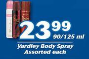 Yardley Body Spray-90/125ml Each