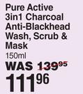 Garnier Pure Active 3 In 1 Charcoal Anti Blackhead Wash, Scrub & Mask-150ml 