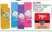 Lil-Lets Dispenser Tampons Mini, Regular, Super Or Superplus-6 x 10's