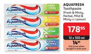 Aquafresh Toothpaste Fresh & Minty, Herbal, Mild & Minty Or Lemon-12 x 100ml