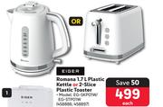 Eiger Romana 1.7 Ltr Plastic Kettle or 2-Slice Plastic Toaster 458886, 458897-Each