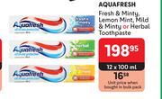 Aquafresh Fresh & Minty, Lemon Mint, Mild & Minty Or Herbal Toothpaste-12 x 100ml