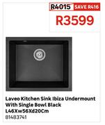 Laveo Kitchen Sink Ibiza Undermount With Single Bowl Black L46 x W56 x D20cm 81483741