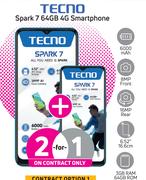 2 x Tecno Spark 7 64GB 4G Smartphone-On 1GB Red Top Up Core More Data + Promo 70