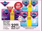 Libresse Maxi Pads Duo Pack Value Pack 16 Goodnight, 18 Long, 20 Regular-Per Pack