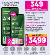 2 x Samsung Galaxy A14 64GB Smartphone-On 1.2GB Red Top Up Core More Data