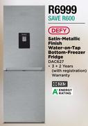 Defy 323L Satin Metallic Finish Water On Tap Bottom Freezer Fridge DAC627