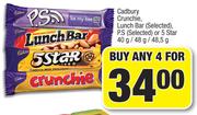 Cadbury Crunchie, Lunch Bar (Selected), P.S (Selected) Or 5 Star-For Any 4 x 40g/48g/48.5g