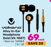 Volknano Alloy In-Ear Headphone (Gold) Vk-1007-Each