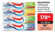 Aquafresh Toothpaste Fresh & Minty, Herbal, Mild & Minty Or Lemon-12 x 100ml